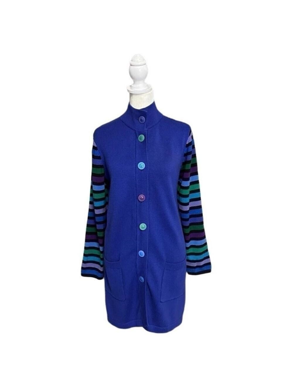 Bob Mackie Wearable Art Blue & Multicolor Stripe Sleeve Button Up Cardigan Small